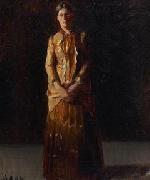 Michael Ancher, Portrait of Anna Ancher Standing in a Yellow Dress by her husband Michael Ancher